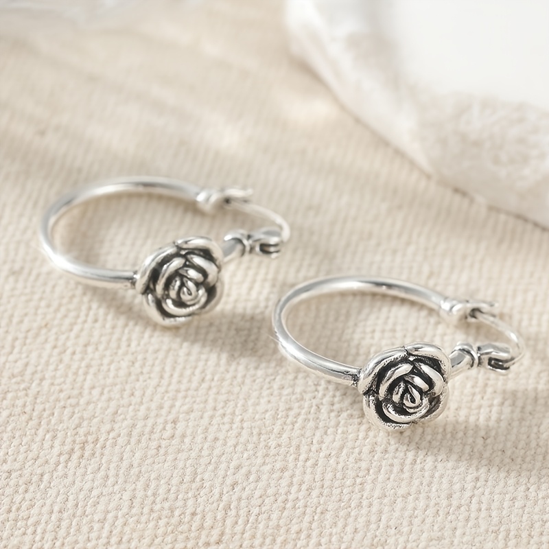 Women's Silvery 3D Rose Flower Stud Hoop Earrings, Minimalist Design